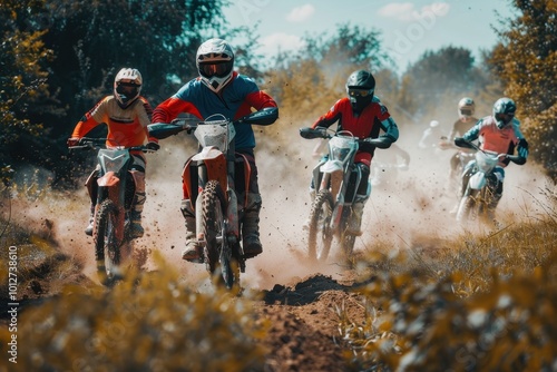 Mountain bike athletes on motocross motorcycles start