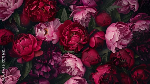 Bouquet of peony. Floral pattern. Flat lay, top view. 