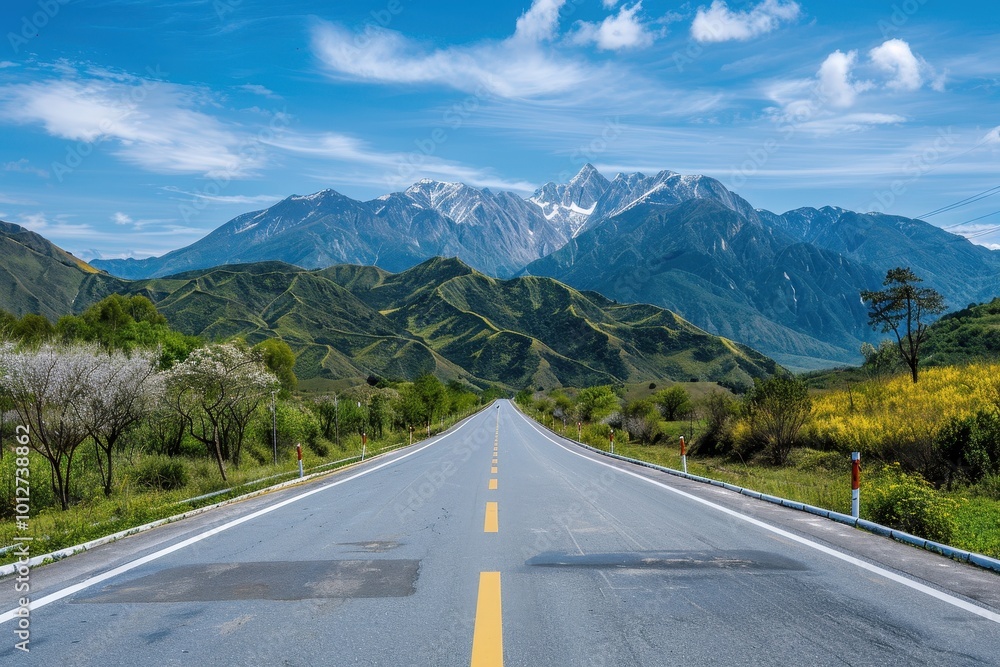 Naklejka premium Mountain landscape next to asphalt highway under blue sky