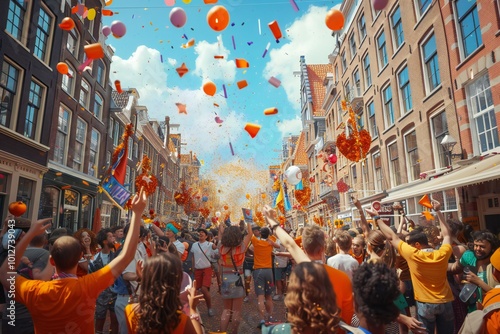 Joyful 3D render of a Dutch King’s Day street party with people dressed in orange, street performers, and festive decorations,  created by ai