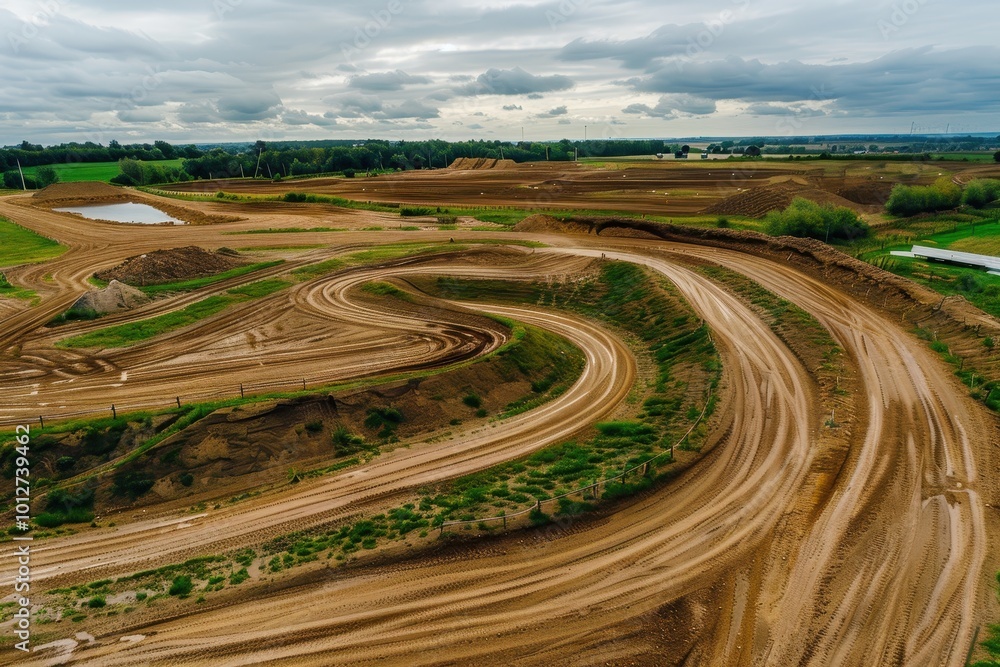 Fototapeta premium Motorsport event on dirt track aerial view on a summer day