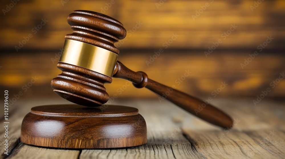 Close-up of a gavel on a wooden desk, symbolizing authority and importance of election rules, with copy space for text or design Close-up of a gavel on a wooden desk, symbolizing authority and importance of election rules, with copy space for text or design