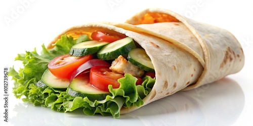 Fresh and healthy chicken wrap with tomato, cucumber, and lettuce on white background