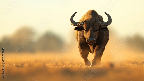 Majestic Buffalo Walking Through Sunlit Field