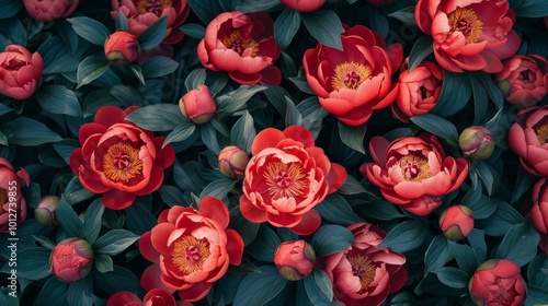 Bouquet of peony. Floral pattern. Flat lay, top view. 