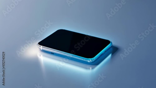 A blue smartphone lies on a blue surface with a glowing light