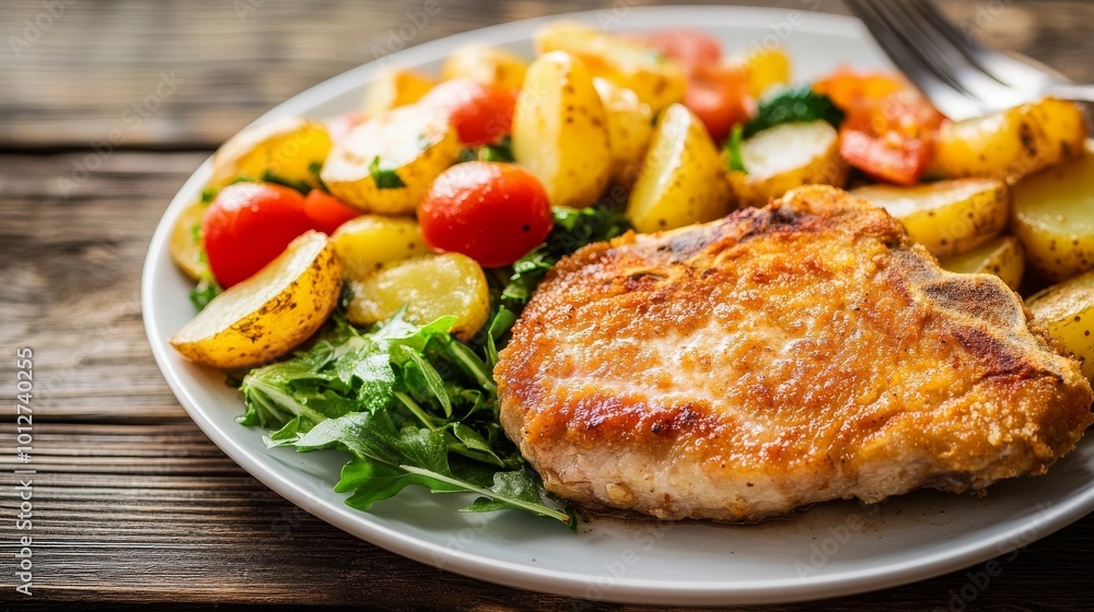 Pork chop, potato, and veg salad. Pork chop, potato, and veg salad.