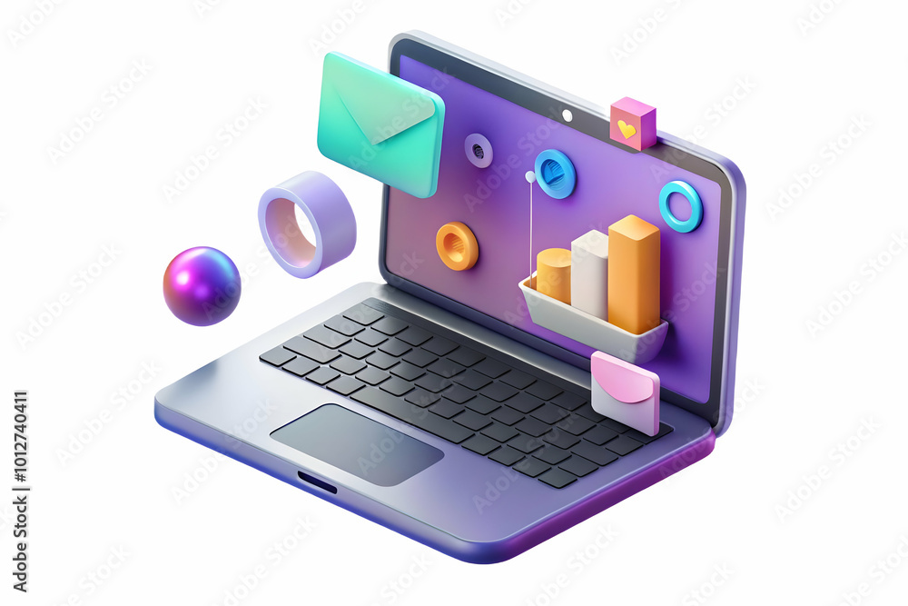 Flat Glowing Holographic Laptop with Floating Icons - Sleek Minimalist Design, Zooming Dolly Shot Emphasizing Smart Business Graphics and Copy Space Flat Glowing Holographic Laptop with Floating Icons - Sleek Minimalist Design, Zooming Dolly Shot Emphasizing Smart Business Graphics and Copy Space