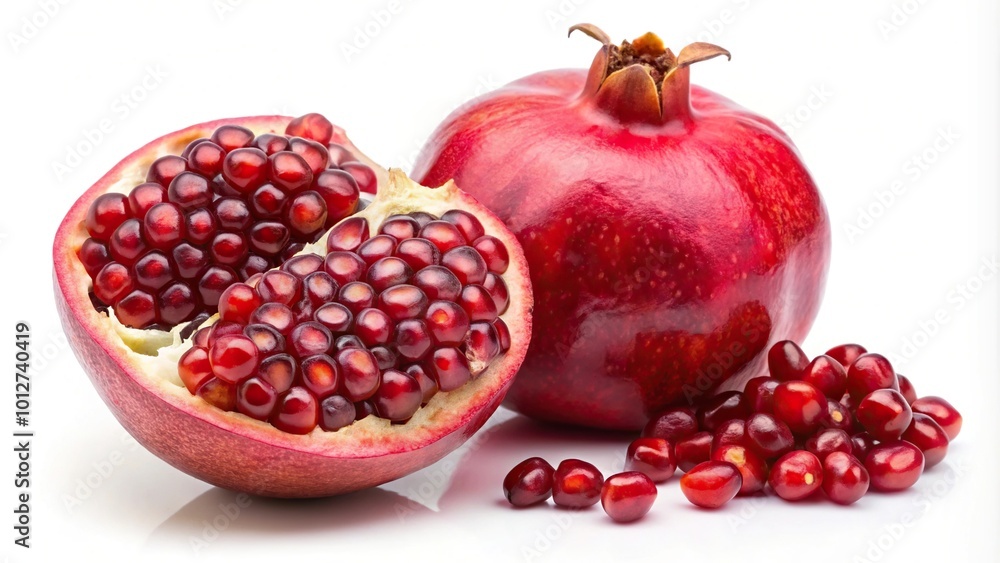 Fresh and ripe pomegranate with seeds on white background Fresh and ripe pomegranate with seeds on white background