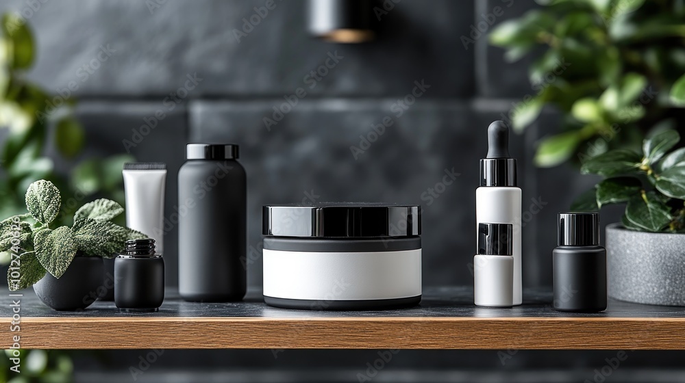 A collection of skincare products on a wooden shelf with plants. A collection of skincare products on a wooden shelf with plants.