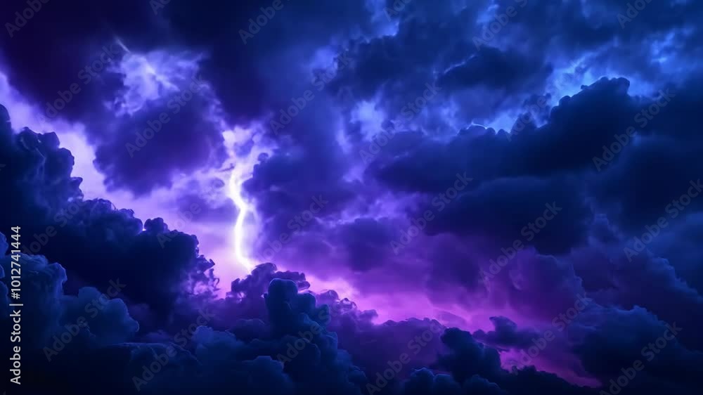 A purple lightning bolt streaks across a dark, stormy sky A purple lightning bolt streaks across a dark, stormy sky