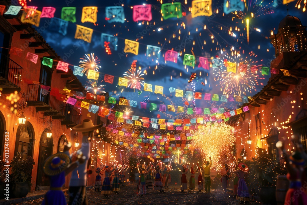 Lively 3D render of a Mexican Independence Day celebration with mariachi bands, fireworks, and people waving flags, created by ai Lively 3D render of a Mexican Independence Day celebration with mariachi bands, fireworks, and people waving flags, created by ai
