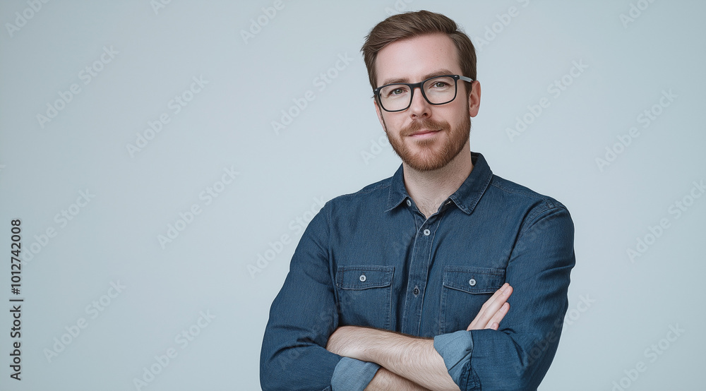 Portrait of a man, professional portrait of an attractive young man with glasses, short hair, and a beard wearing a blue shirt, isolated on a grey background Portrait of a man, professional portrait of an attractive young man with glasses, short hair, and a beard wearing a blue shirt, isolated on a grey background