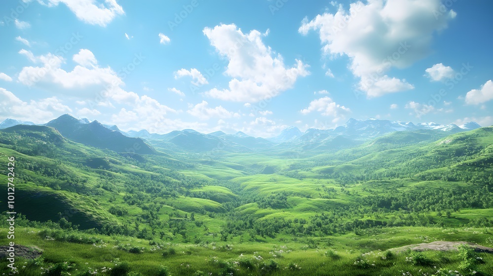 Obraz premium Lush green valley under a bright sky with scattered clouds.