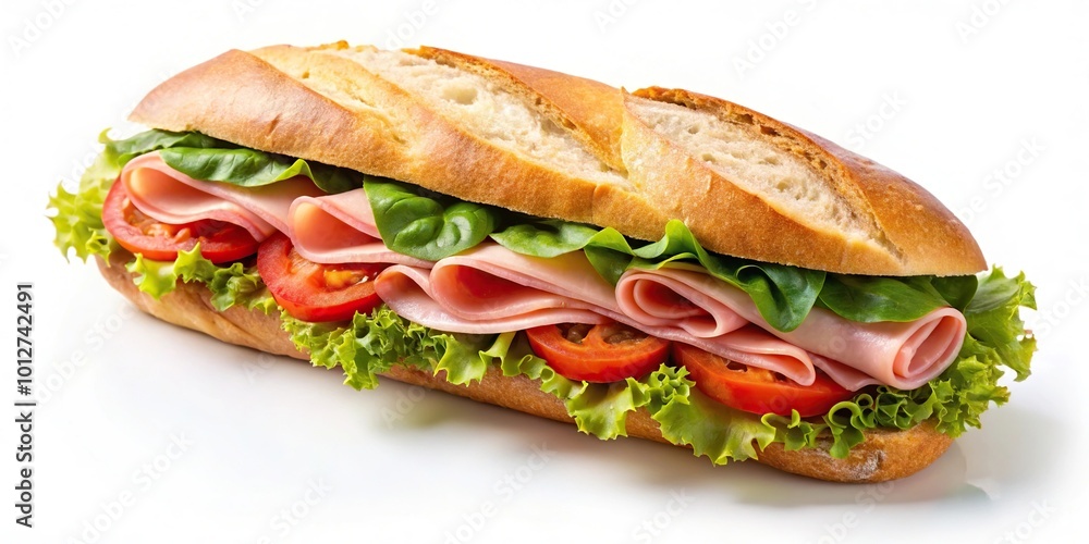 Fresh baguette sandwich with ham, tomato, lettuce on white background Fresh baguette sandwich with ham, tomato, lettuce on white background