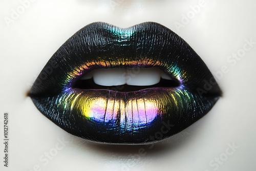 Closeup macro black colorful lips, open mouth, white teeth photo