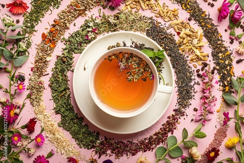 Top view of Soothing hot Tea in white cup surround with various pile of dry tea and herbal flowers on  pink   background , created by ai