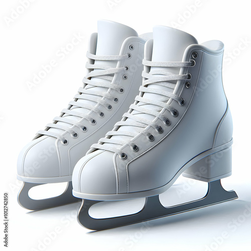 3D Pair of ice skates vector on white background concept as A pair of ice skates in a minimalistic vector style isolated on a white background. This sleek and clean design is ideal for use in winter s photo