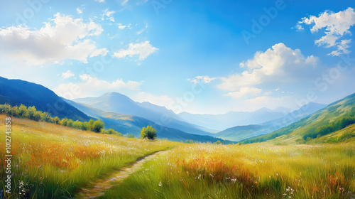 Vast open fields with wildflowers lead to majestic mountains under a sunny sky