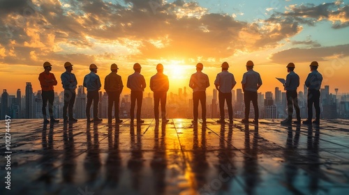 Silhouetted construction workers admire a breathtaking sunset over a bustling cityscape in the golden hour of the evening