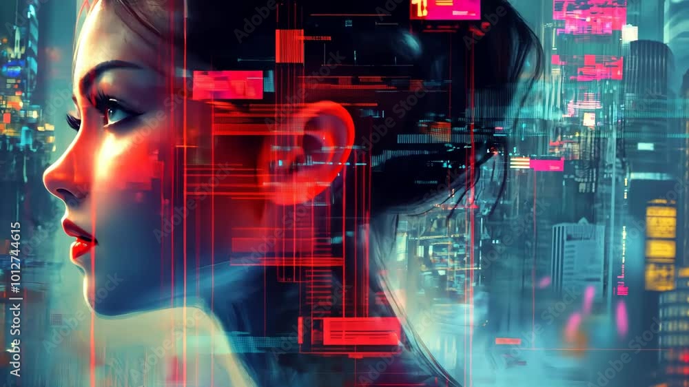 A digital portrait of a woman with a futuristic city behind her A digital portrait of a woman with a futuristic city behind her