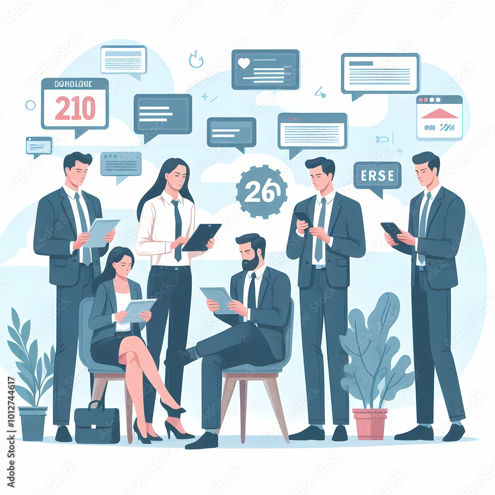 Flat Vector Illustration of a Candid Business Team Strategizing with Digital Coupons, Perfect for Marketing Content on Team Dynamics and Promotions Flat Vector Illustration of a Candid Business Team Strategizing with Digital Coupons, Perfect for Marketing Content on Team Dynamics and Promotions