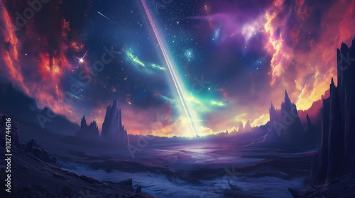 Stunning cosmic landscape with vibrant colors and distant celestial events at twilight on an alien planet