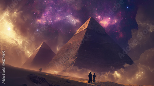 A couple exploring the majestic pyramids under a vibrant cosmic sky filled with stars and clouds