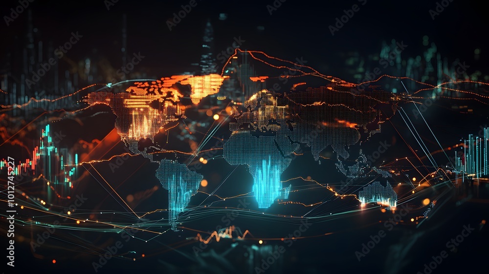 Fototapeta premium World stock market trends visualized with graph lines linking major cities