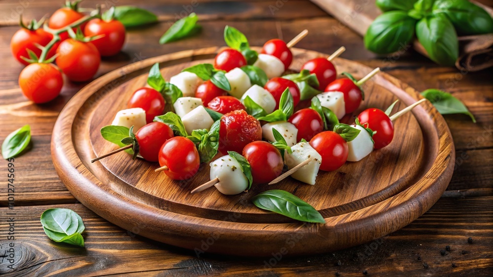 Fresh caprese skewers cherry tomatoes mozzarella herbs wooden plate summer appetizer Fresh caprese skewers cherry tomatoes mozzarella herbs wooden plate summer appetizer