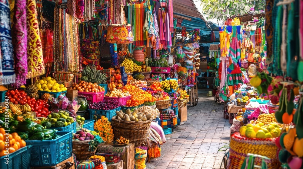 Fototapeta premium Vibrant market filled with colorful fruits and textiles