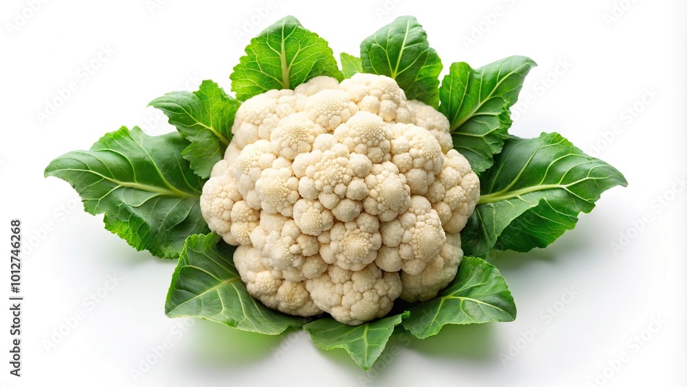 Fresh cauliflower with green leaves isolated on white background, perfect for healthy cooking recipes and vegetarian diet concepts Fresh cauliflower with green leaves isolated on white background, perfect for healthy cooking recipes and vegetarian diet concepts