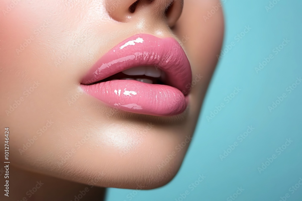 Naklejka premium Closeup macro portrait of female part of face. Woman lips with pink beauty makeup.