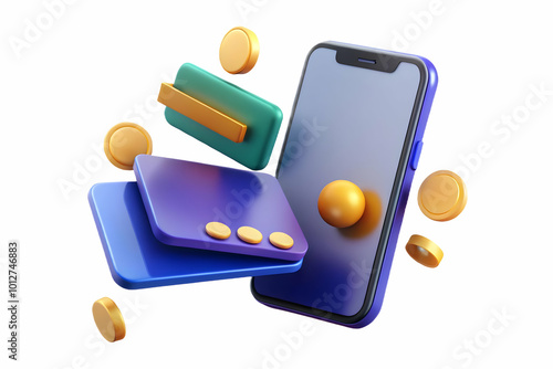 Floating credit cards and a smartphone hover in mid air isolated on a white background representing mobile payments and digital finance. concept as This composition features credit cards and a smartph photo