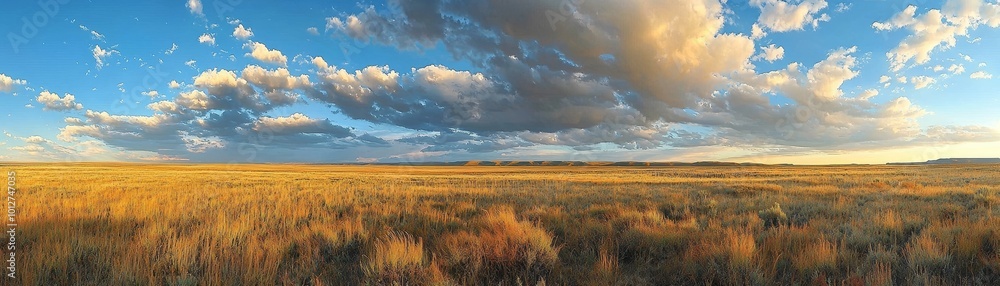 Fototapeta premium Panoramic View of Golden Grassland Under a Cloudy Sky, landscape , nature