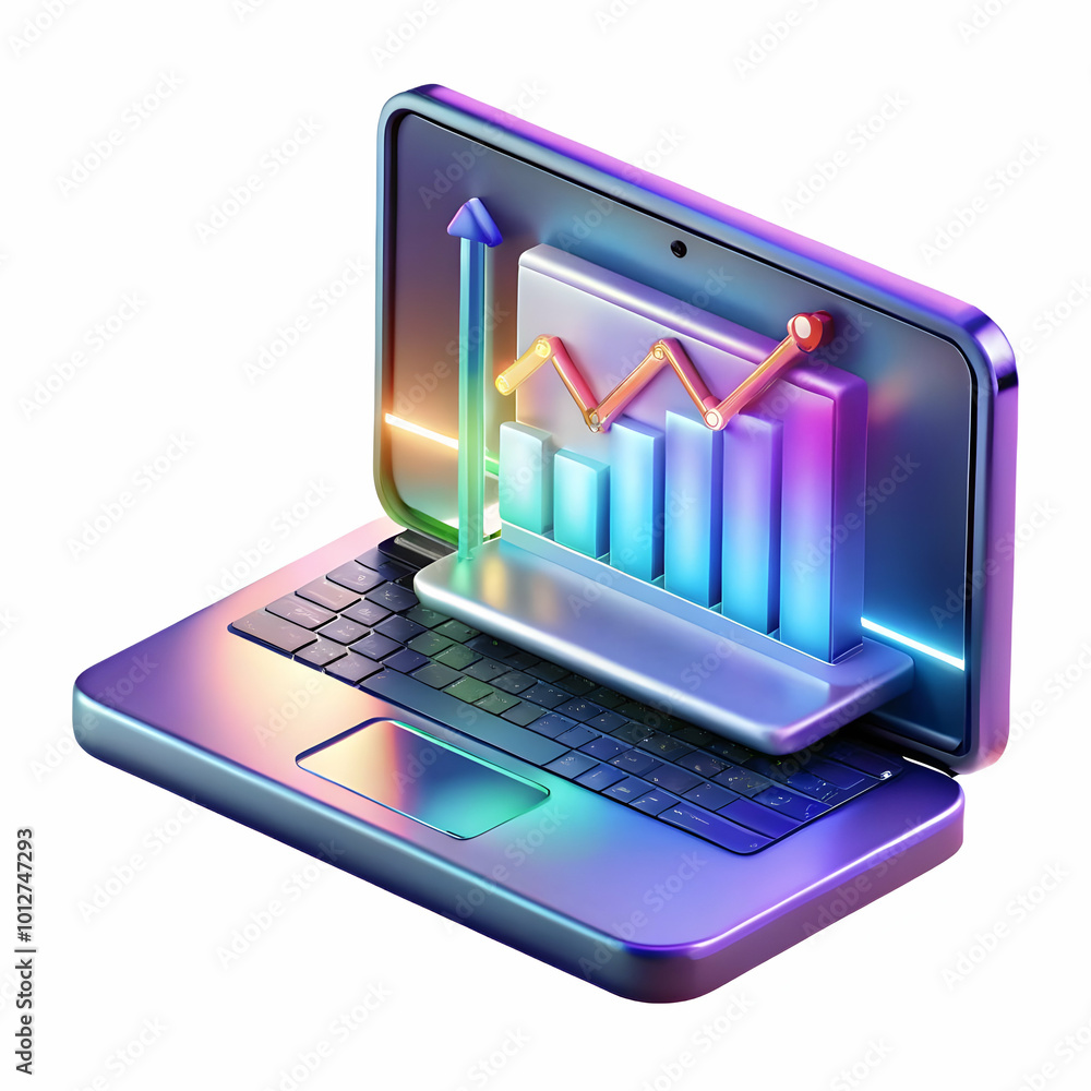 Holographic laptop projecting a glowing financial graph with copy space concept as An image of a sleek laptop emitting a holographic projection of a glowing financial graph into the air; set against a Holographic laptop projecting a glowing financial graph with copy space concept as An image of a sleek laptop emitting a holographic projection of a glowing financial graph into the air; set against a
