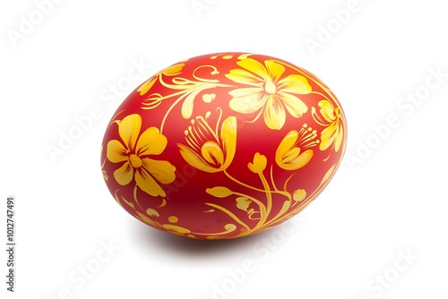 Colorful easter egg with ornate doodle floral decoration. Colorful floral pattern on red egg.