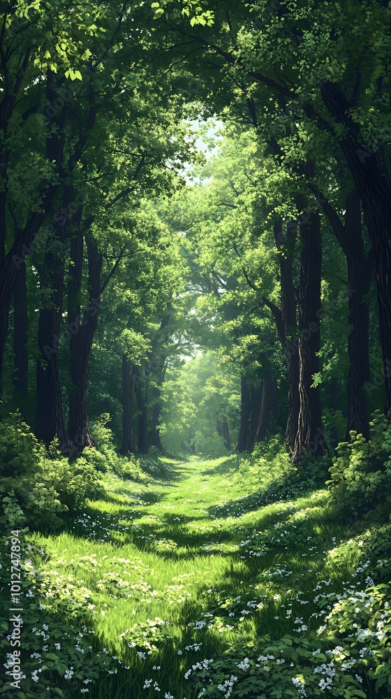 Fototapeta premium Lush green forest path with sunlight filtering through trees.