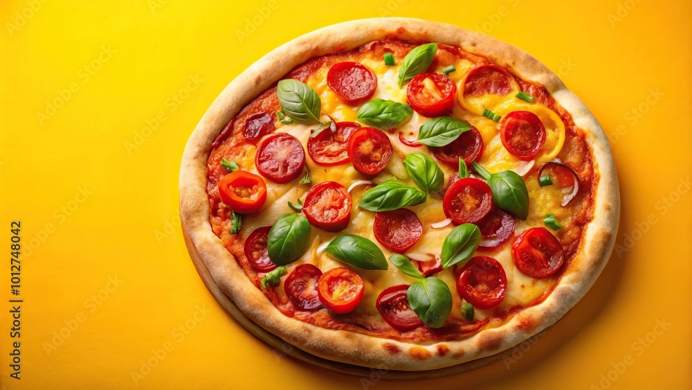 Fresh classic pizza with tomato sauce mozzarella spicy chorizo bell pepper on a yellow background Fresh classic pizza with tomato sauce mozzarella spicy chorizo bell pepper on a yellow background