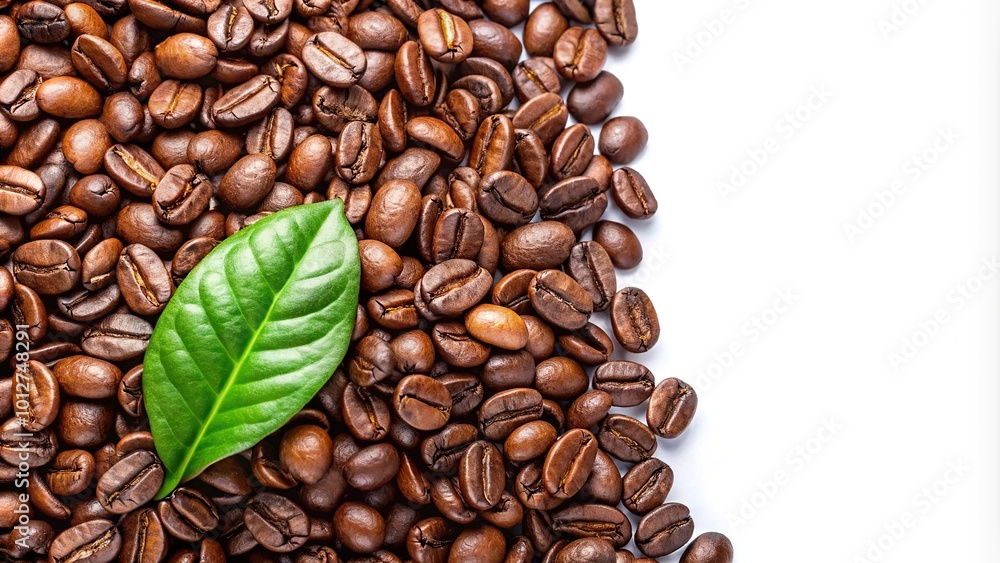 Obraz premium Fresh coffee beans and leaf on white background