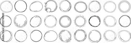 Hand drawn irregular circle sketch set, various styles, doodle frames, abstract round borders, simple artistic line art