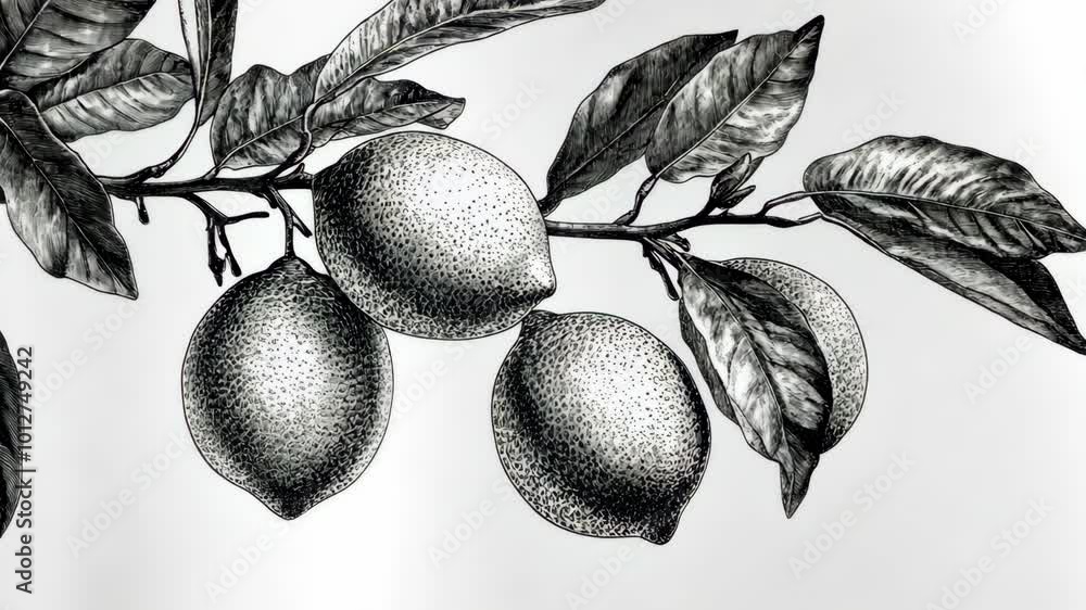 A black and white illustration of a lemon tree branch with three ripe lemons and lush leaves