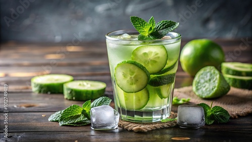 Fresh cucumber mint juice with ice cube in a glass