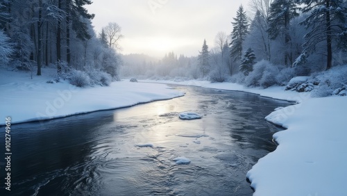 Winter river landscape with snow-covered trees and icy water, serene forest scene at dawn 