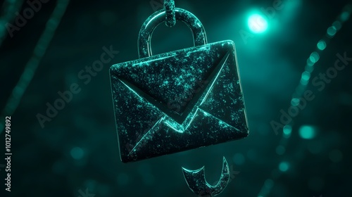 A conceptual image showing a fishing hook disguised as an email icon, intended to warn viewers about the dangers of phishing scams and fraudulent emails photo