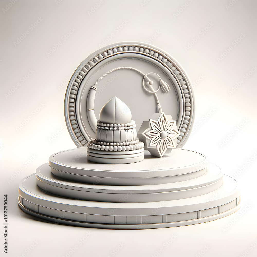 3D Minimalist Rakhi and Tika Podium Design with Copy Space for Bhai Dooj Celebrations - Elegant Isolated Icon on White Background 3D Minimalist Rakhi and Tika Podium Design with Copy Space for Bhai Dooj Celebrations - Elegant Isolated Icon on White Background