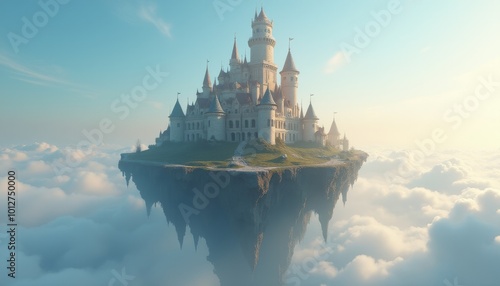 A castle is floating in the sky with clouds surrounding it