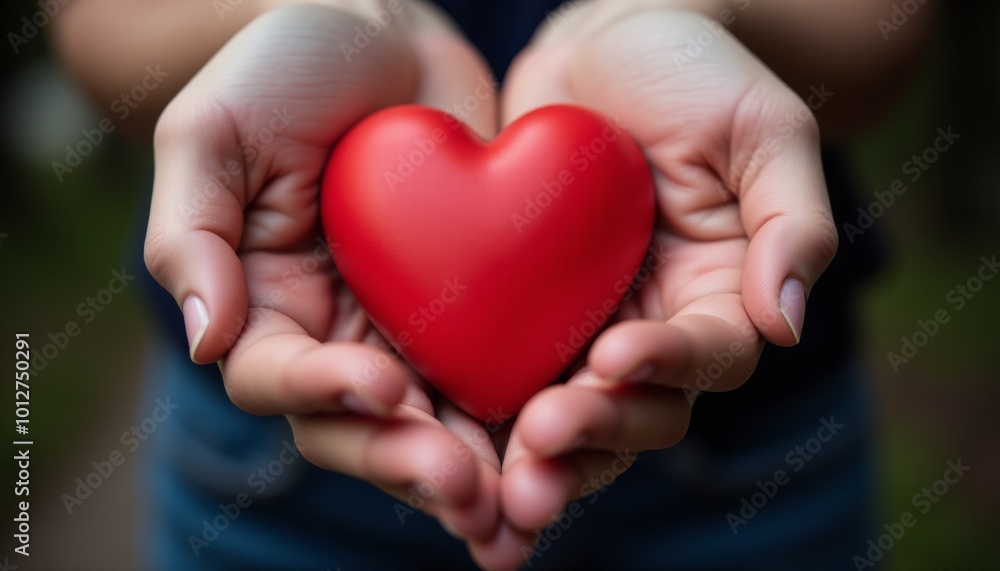 A woman is holding a red heart in her hands A woman is holding a red heart in her hands