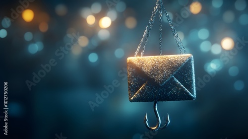 A conceptual image showing a fishing hook disguised as an email icon, intended to warn viewers about the dangers of phishing scams and fraudulent emails photo