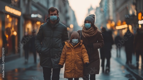 Family wearing protective face masks walking in city during pandemic